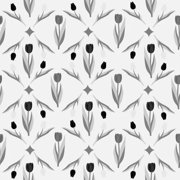 Tulipano Fiori Monocromatico Motivo Floreale Senza Cuciture Illustrazione Vettoriale Sagome — Vettoriale Stock