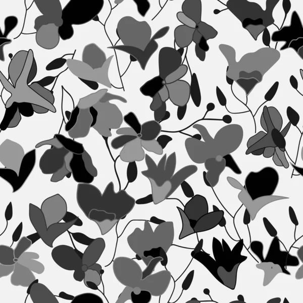 Kusursuz siyah ve beyaz çiçeksiz desenli. Vektör el çizimi resimleme. 