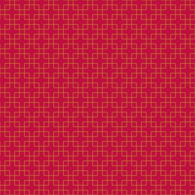 Lüks geometrik kırmızı ve altın rengi, dikişsiz desen. Geometri mozaik ızgarasını tekrar et. Vektör çizimi. Tekrarlanan modüler arkaplan. 