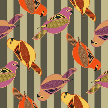 Seamless pattern with bird doodle vector art on striped background. Decorative vintage vector wallpaper. Perfect for textiles print on cloth template 