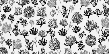 Coral reef drawn with black ink seamless pattern. Black and white illustration. Vector sketch. 