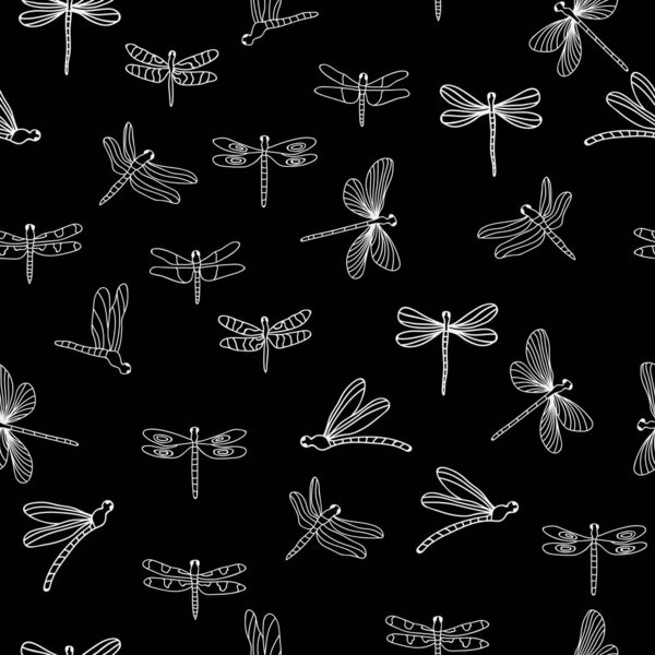 Flying dragonfly seamless vector pattern. Monochrome black and white vector illustration. Perfect for wallpaper, pattern fills, surface textures. 