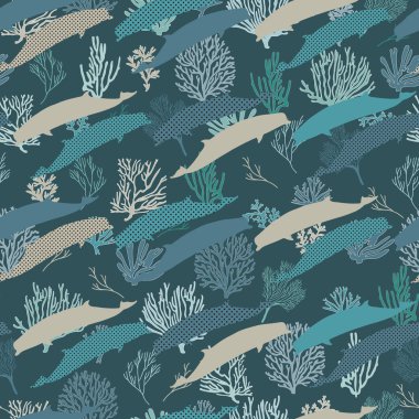 Balinalarda kusursuz desen. Şişe burunlu balinaların vektör çizimi. Duvar kağıdı, web sayfası arkaplanı, yüzey dokuları ve tekstil baskısı için mükemmel.