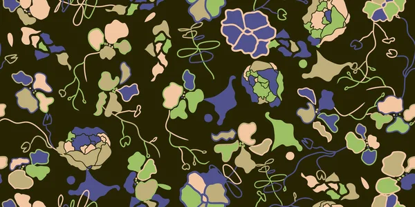 手描きの夏の花の背景 カラフルな抽象的な花で作られた植物シームレスなパターン スケッチ ドローイング — ストックベクタ