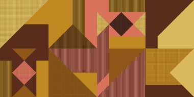 Modern soyut şekiller, daireler, dikdörtgenler ve retro İskandinav tarzında kare şeklinde geometrik dikişsiz desenler oluşturur. Soyut mozaik sanat eserleri. 