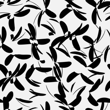Siyah ve beyaz çiçeksiz desen. Zarif botanik bahar çiçekleri. El yapımı kumaş, hediye paketi, duvar tasarımı. Tekstil için doğa süsü.