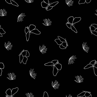 Siyah ve beyaz kelebekler kusursuz desen. Çizgilerden kelebek soyutlaması. Vektör çizimi. Monokrom dikişsiz arkaplan. 