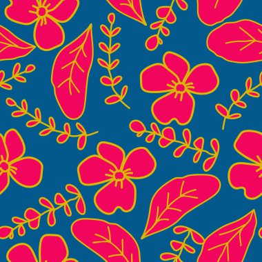 Çiçeksel fırça darbeleri pürüzsüz desen tasarımı. Mavi arka planda son moda egzotik çiçek duvar kağıdı. Pankart, poster, kart ve albüm için tasarım. 