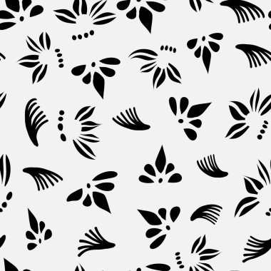 Siyah ve beyaz çiçeksiz desen. Zarif botanik bahar çiçekleri. El yapımı kumaş, hediye paketi, duvar tasarımı. Tekstil için doğa süsü.