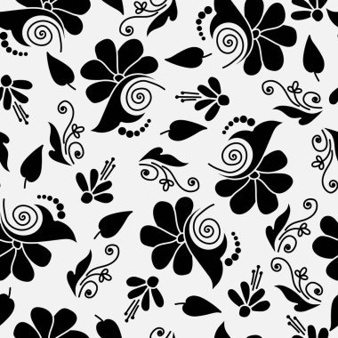Siyah ve beyaz çiçeksiz desen. Zarif botanik bahar çiçekleri. El yapımı kumaş, hediye paketi, duvar tasarımı. Tekstil için doğa süsü.