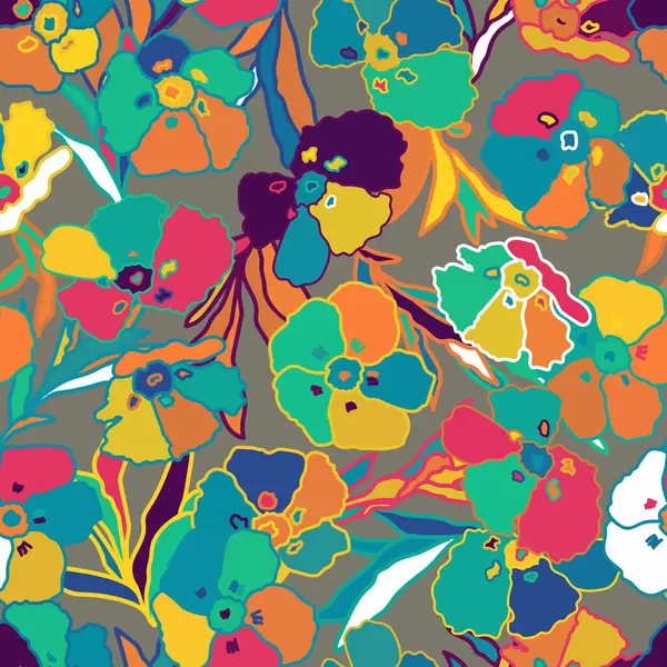 Бесшумный Узор Цветных Цветов Сером Фоне Вдохновленный Природой Ботаникой Яркие — стоковый вектор