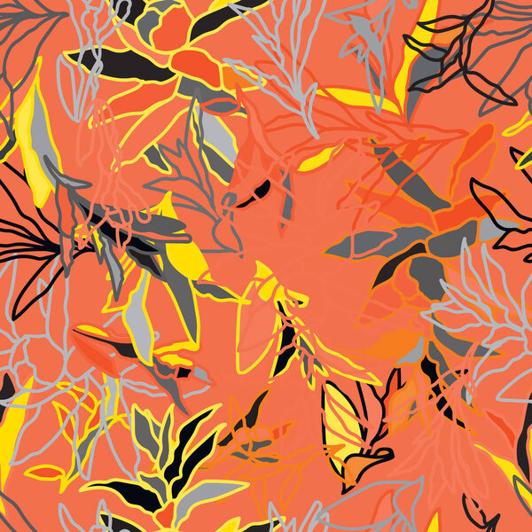 A beautiful seamless pattern of amber leaves and orange flowers on a woody plant branch, creating a stunning artwork painted on a red background