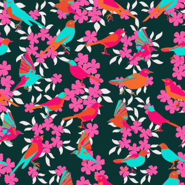 Koyu arkaplanda pembe ve morumsu renkte kuşlar ve çiçeklerin kusursuz dizaynını içeren bir tekstil deseni.. 