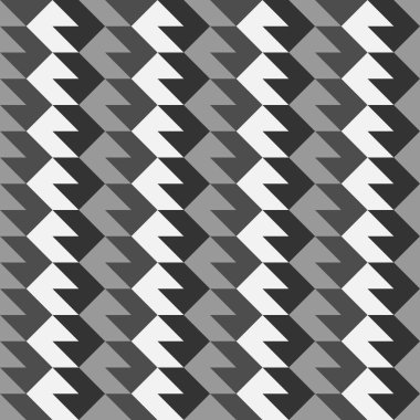 Gri bir tekstil zemininde dikdörtgenler, üçgenler ve oklar içeren tek renkli geometrik bir tasarım. Şablon simetri sergiler ve elektrik mavisi aksanıyla renk ve gölgeler kullanır.