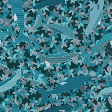 Çizgi film yunusu kusursuz desen. Okyanus hayvanlı deniz izi, çiçekler. Yunuslar yüzer ve zıplar. Franciscana yunus vektör dokusu.