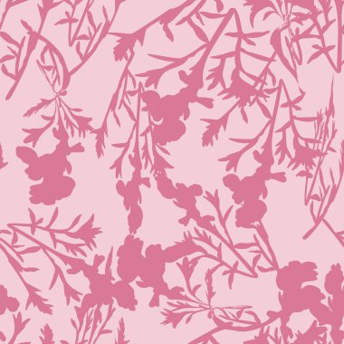 İki renkli siluet, çiçek ve yapraklarla kusursuz desen oluşturuyor. Soyut çiçek baharı, yaz deseni. Vektör illüstrasyonu