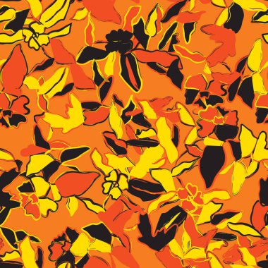 Otlardan ve kır çiçeklerinden oluşan siluetler. Botanik kusursuz desen. Modern yaz dönemi doğa motifi. Kumaş ve giysiler için tasarlandı..