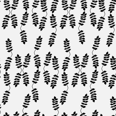 Çiçek desenli karalama. Elle çizilmiş yapraklar ve dallarla kusursuz arka planlar. Grafiksel tek renkli siyah beyaz tasarım.