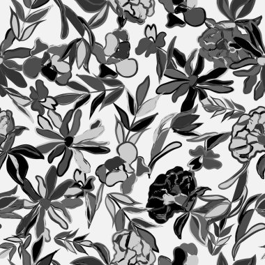 Tek renkli siyah beyaz fırça darbeleri mürekkepsiz çiçek desenleri. Soyut çiçek çağdaş arkaplanı.
