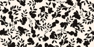 Kusursuz botanik desenli tek renkli modern kolaj çeşitli çiçekler, dallar, serbest mürekkep çizimi. Vektör illüstrasyonu