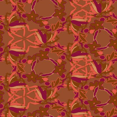 Bu kompozisyon organik şekilleri ve akış çizgilerini gösteren karmaşık bir soyut desen içerir. Turuncu ve bordo renkleri, tekstil için ideal.