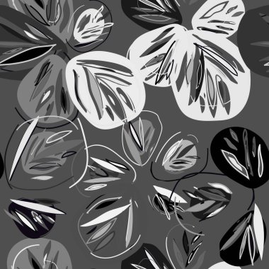 Çiçek desenli karalama. Elle çizilmiş çiçekler, yapraklar, dallar ve noktalarla kusursuz arka planlar. Grafiksel tek renkli siyah beyaz tasarım.