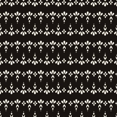 Minimalist kusursuz desen. Küçük elementli vektör geometrik dokular, çizgiler, çiçekler. Siyah ve beyaz, soyut arkaplan. Modern tasarım