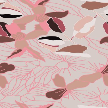 Basit doğa çiçekli arka plan. Elle çizilmiş çiçekli pürüzsüz desen. Çizgi sanatı. Contour çizimi. Eskiz stili. Tekstil için moda tasarımı.