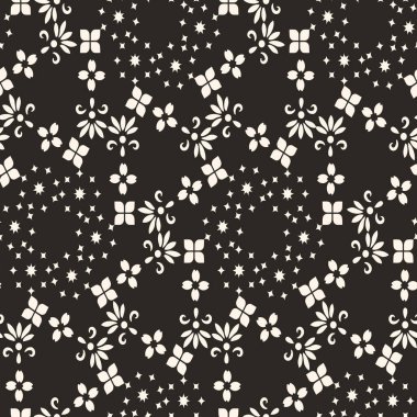 Minimalist kusursuz desen. Küçük elementli vektör geometrik dokular, çizgiler, çiçekler. Siyah ve beyaz, soyut arkaplan. Modern tasarım