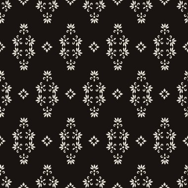 Siyah ve beyaz vektör geometrik kusursuz desen. Doğu tarzında çiçekli, soyut, minimal geometrik süs. Tasarımı tekrarla.