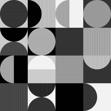 Bu sanat eseri çeşitli siyah ve beyaz şekilleri ve desenleri olan çağdaş bir geometrik tasarıma sahiptir.