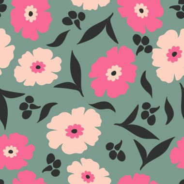 Kusursuz çiçek deseni, hassas tekstil izi, soyut çiçek süsü. Botanik tasarımı. El çizimi çiçekler, küçük yapraklar. Vektör illüstrasyonu. 