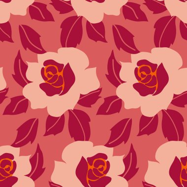 Soyut katı modern tekstil vektör tasarımı, büyük güllerle düzenleme. Kırmızı tonlu dijital görüntüyle kusursuz bir desen. Vektör illüstrasyonu