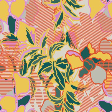 El çizimi yaz çiçekli arka plan. Soyut çiçeklerden yapılmış botanik kusursuz desen. Çizim çizimi. Eski tarz. Yatmak için iyi, tekstil.