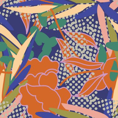 Soyut sanat arka plan vektörü. Boho bitki örtüsü, tropik yapraklar ve kumaş ve parmak izleri için çiçek desenli tasarım. Vektör illüstrasyonu