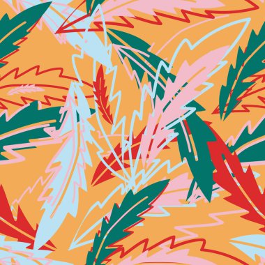 Modern egzotik çiçekli orman deseni. Çağdaş kolaj kusursuz desen. El çizimi çizgi film modeli. Vektör illüstrasyonu