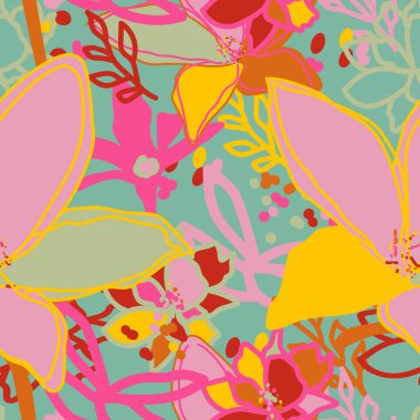 Egzotik el çizimi çiçekler, kumaş, tekstil, giysi, ambalaj kağıdı, kapak, afiş, ev dekorasyonu, soyut arka plan için çiçeklerle süslenmiş kusursuz desen.