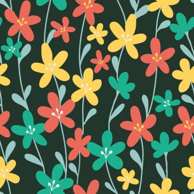 El çizimi yaz çiçekli arka plan. Soyut çiçeklerden yapılmış botanik kusursuz desen. Çizim çizimi. Eski tarz. Yatmak için iyi, tekstil.