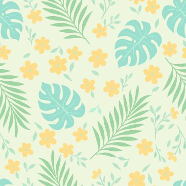 Egzotik yapraklar ve çiçekler içeren canlı, tropikal, dikişsiz desenler. Yaz tasarımları, tekstil ve arka planlar için mükemmel.. 