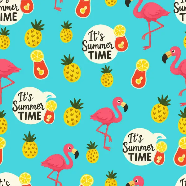Canlı ve neşeli bir yaz temalı desen. Renkli flamingolar, ananaslar ve neşeli metinler.