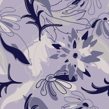 Çiçek arkaplan ve papatyalar. Çiçeklerin açtığı siluetlerle birlikte yaz botanik desenleri. Kumaş ve tekstil tasarımı. Vektör illüstrasyonu