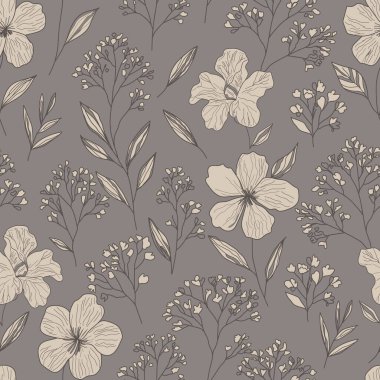 Çiçeksiz desen. Soyut çiçek arkaplanı. Libertia ixioides vektör çizimi. Tekstil tasarımı, duvar kağıdı ve kartlar için ideal.