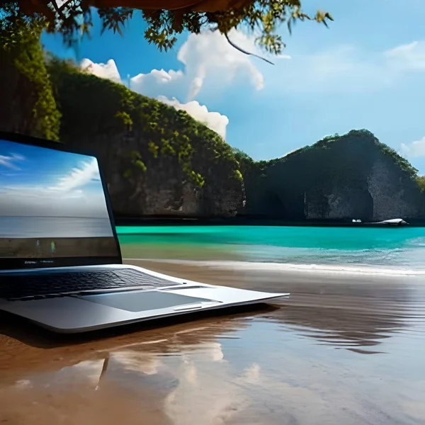 laptop computer with blue sky and sea background with palm trees