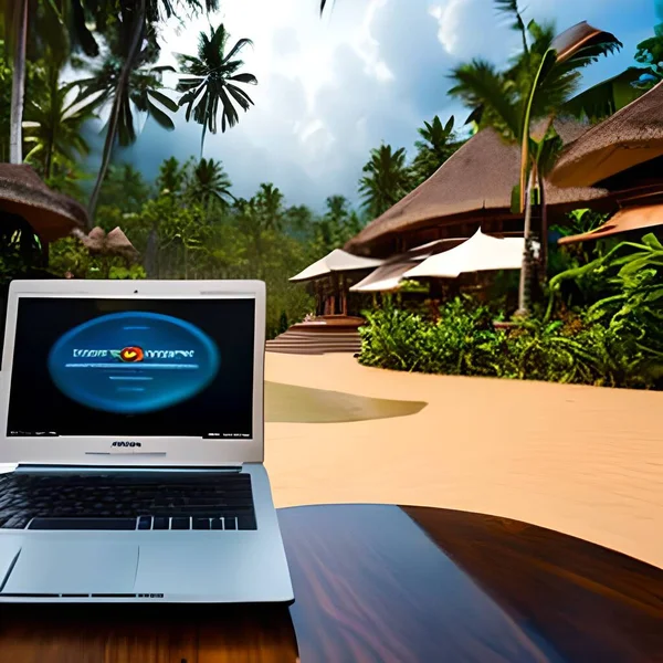 Laptop Pláží Palmami Pozadí — Stock fotografie