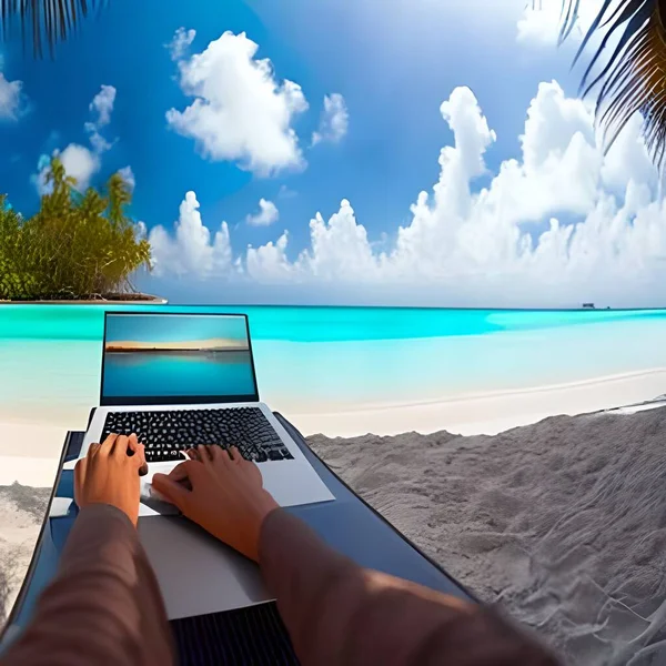 Young Woman Laptop Sitting Beach — стоковое фото