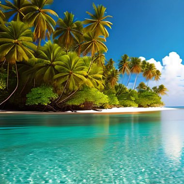 Palmiye ağaçları ve mavi gökyüzü olan tropik plaj
