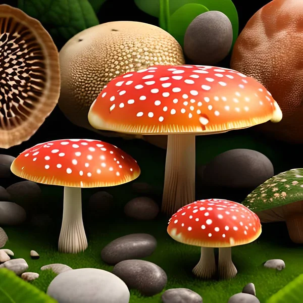Eine Fliegenpilz Wald Mit Einem Großen Muster Von Pilzen Ein — Stockfoto