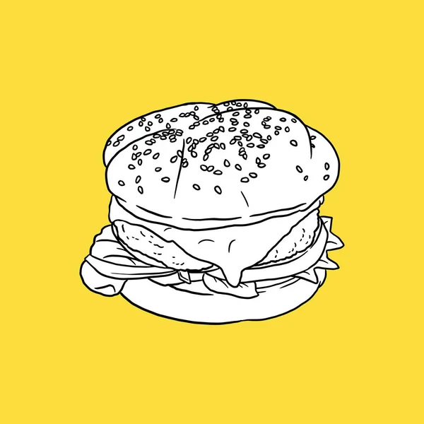 Hamburger Simgesi, Detaylı çizim, Fast Food Concept, Sketch and Vintage tarzı. - Vektör. Vektör illüstrasyonu