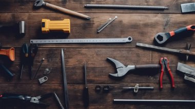 Ahşap arkaplanda bir takım araçlar