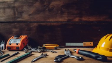 Ahşap arka planda inşaat araçları ve aksesuarlar